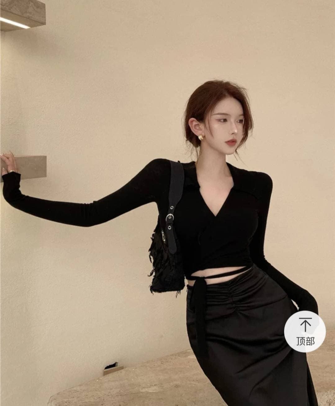 Black Wrap Top & Ruched Satin Skirt Co-ord - view 1
