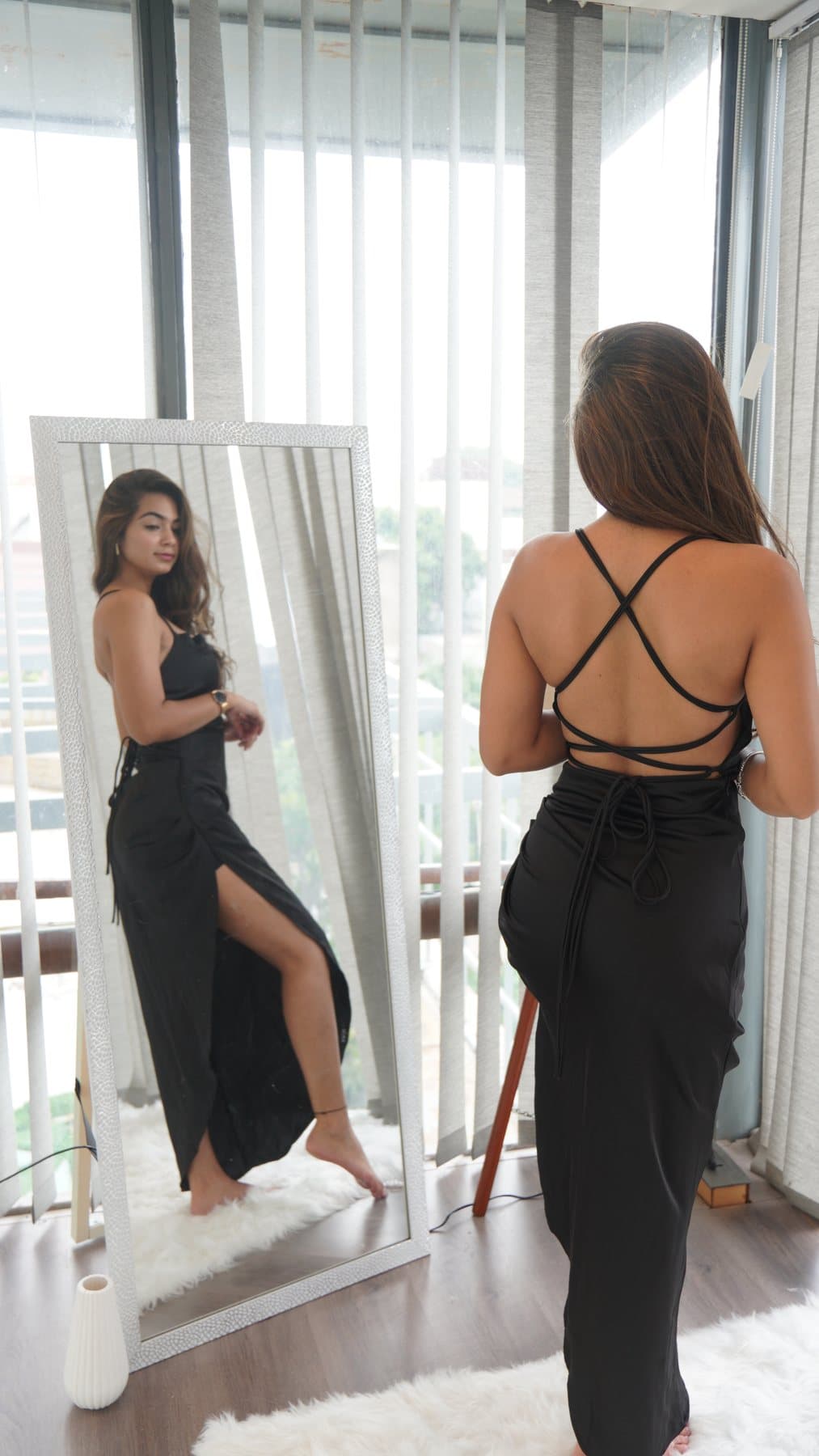 Black Satin Slit Dress