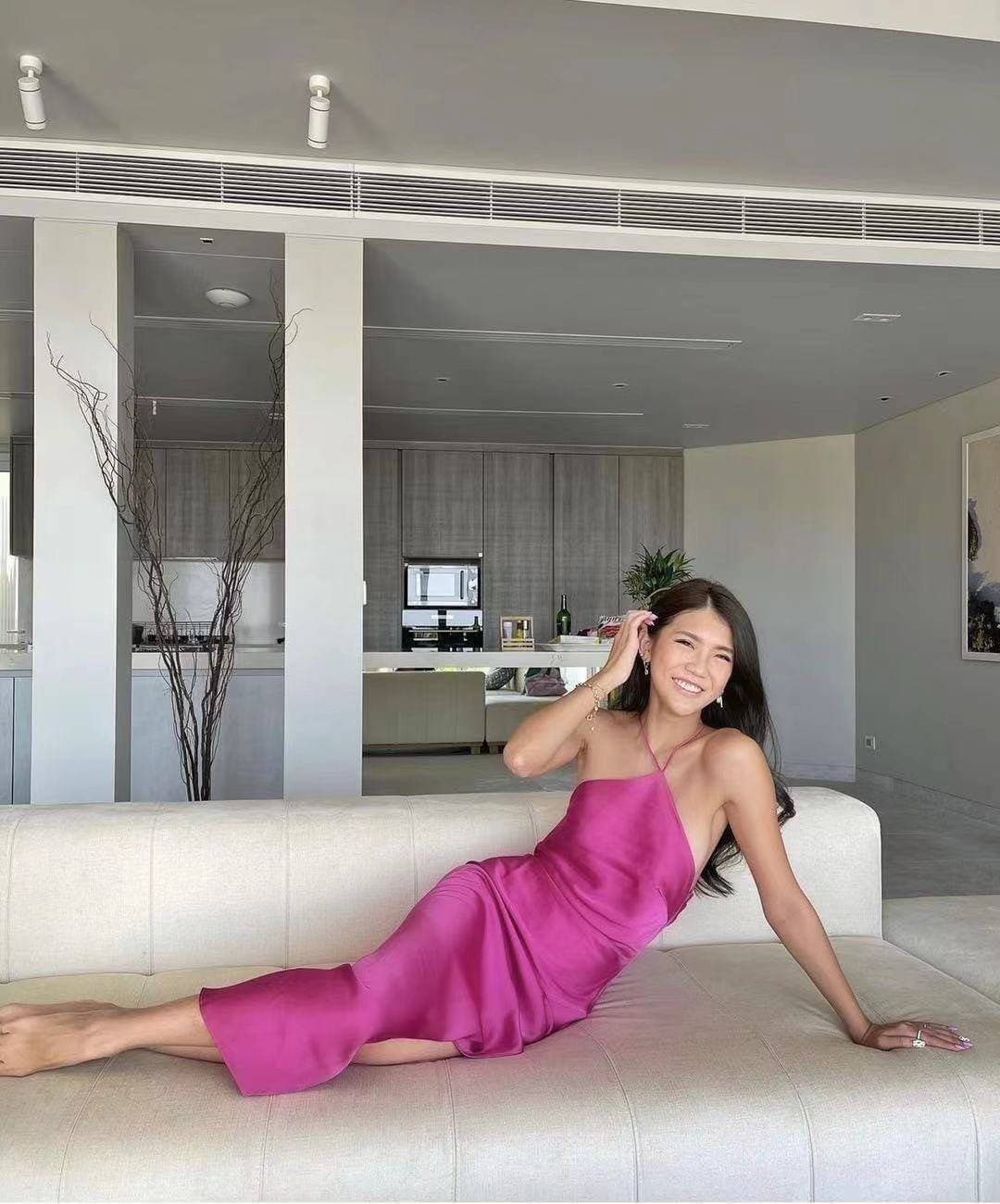 Fuchsia Satin Midi Dress - view 1