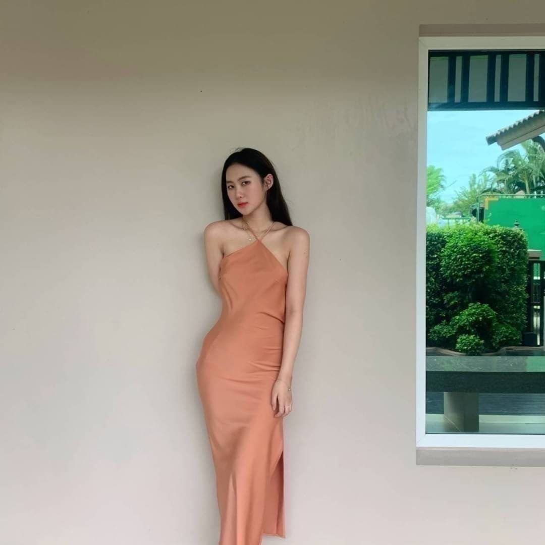 Peach Halter Satin Maxi Dress - view 1