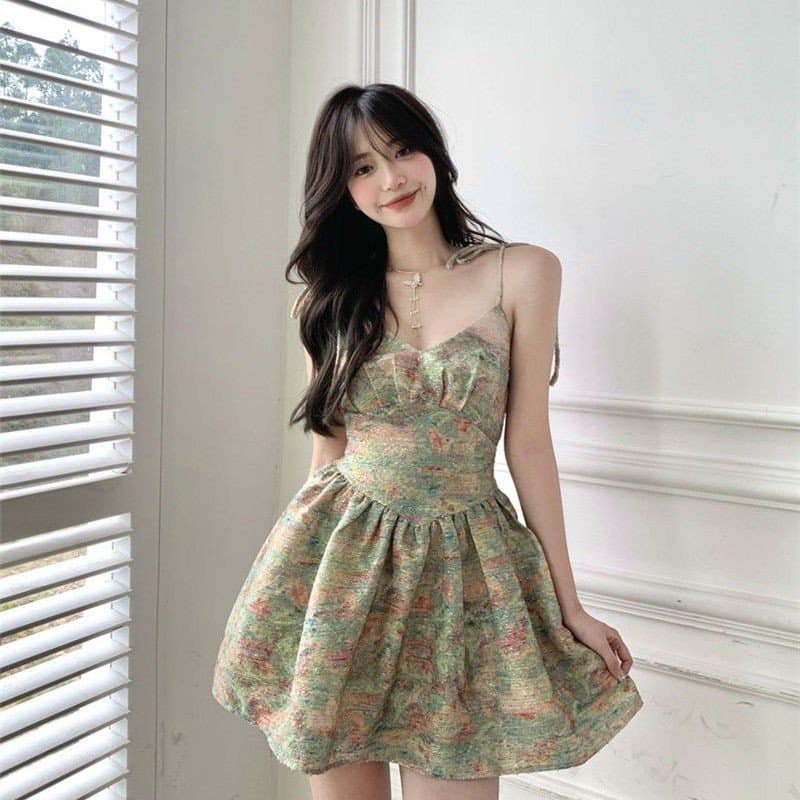 Olive Impressionist Floral Mini Dress