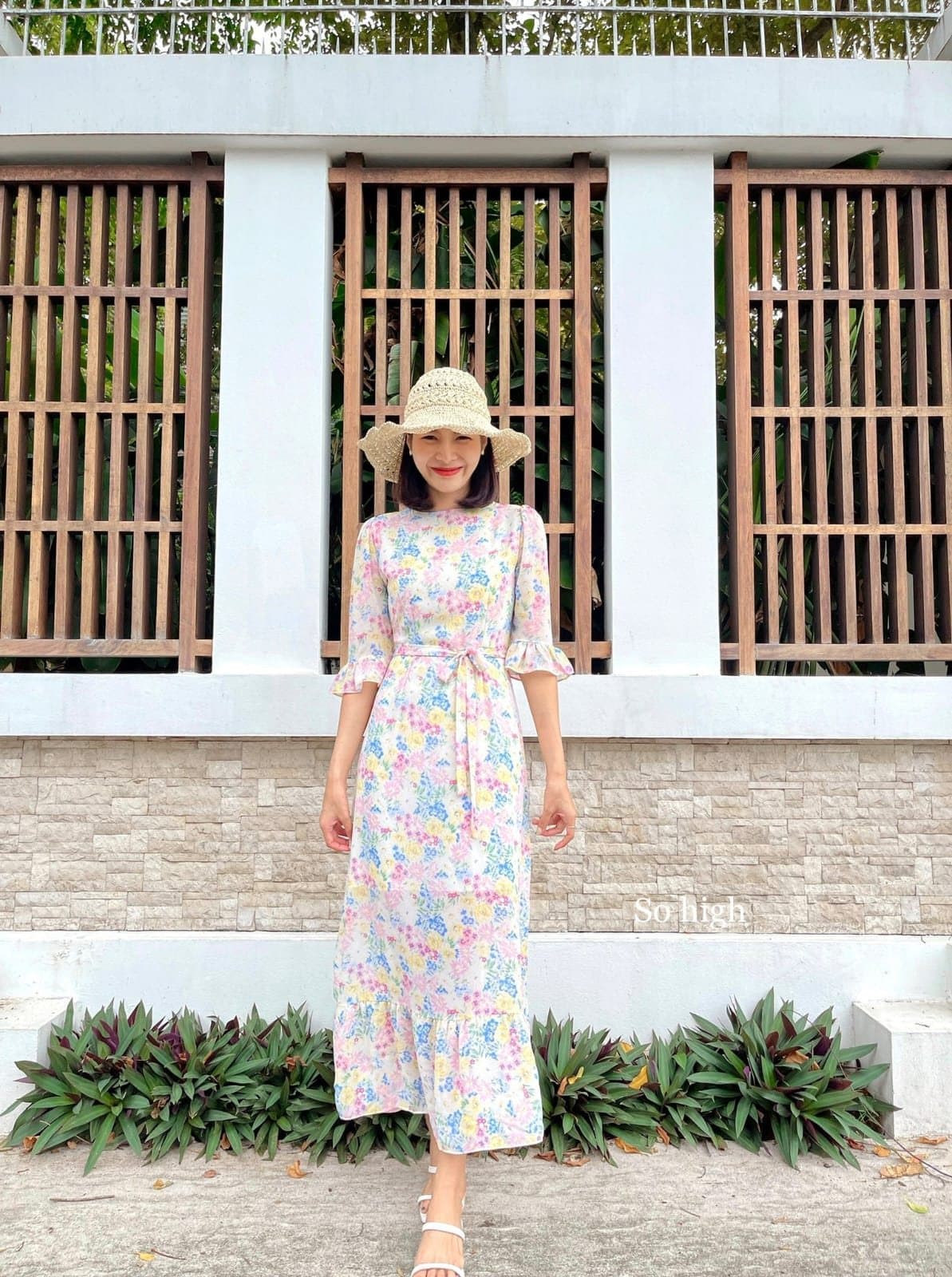 White Floral Print Midi Dress