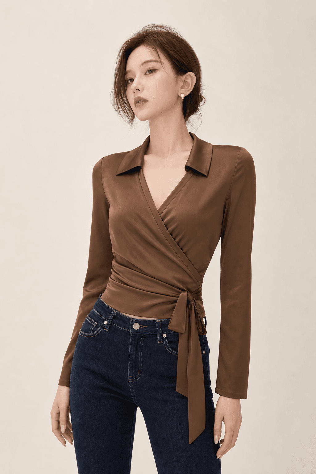 Brown Satin Wrap Top