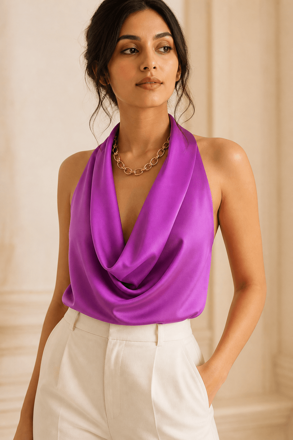 Satin Cowl Halter Top - view 1